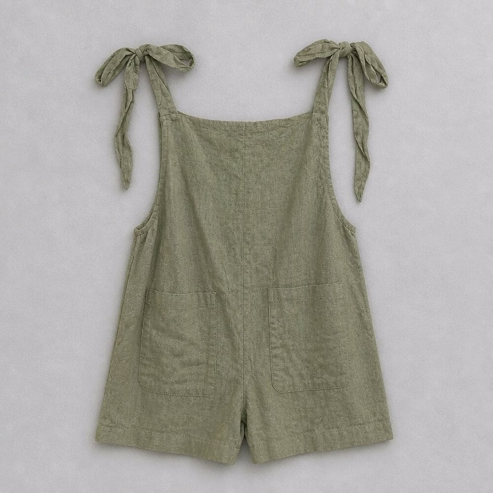 Olive Green Romper with Tie Shoulder Straps and Front Pockets Small